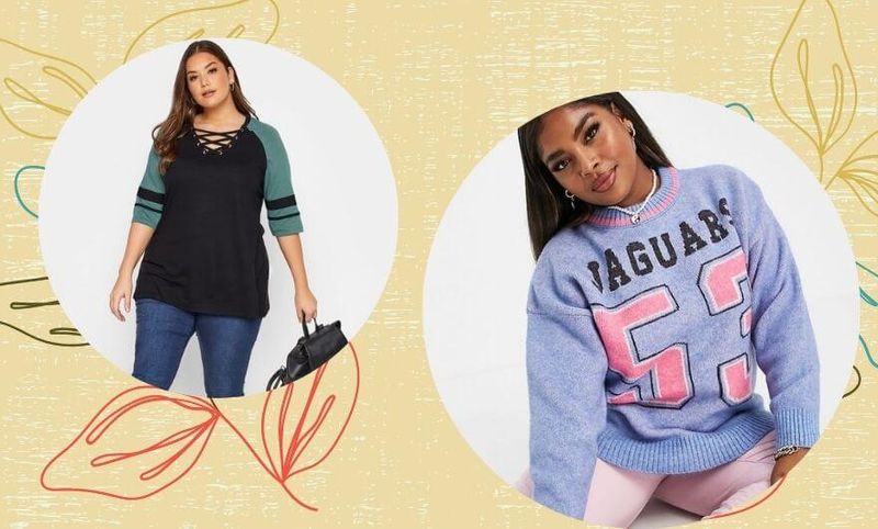 duas fotos lado a lado redondas de mulheres usando looks com blusa estilo college