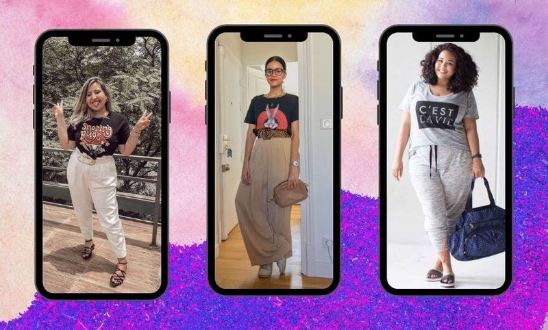 tres fotos lado a lado de tres mulheres usando looks com camisetas