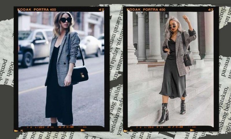 duas fotos lado a lado de duas mulheres usando looks de inverno com vestido, blazer e bota