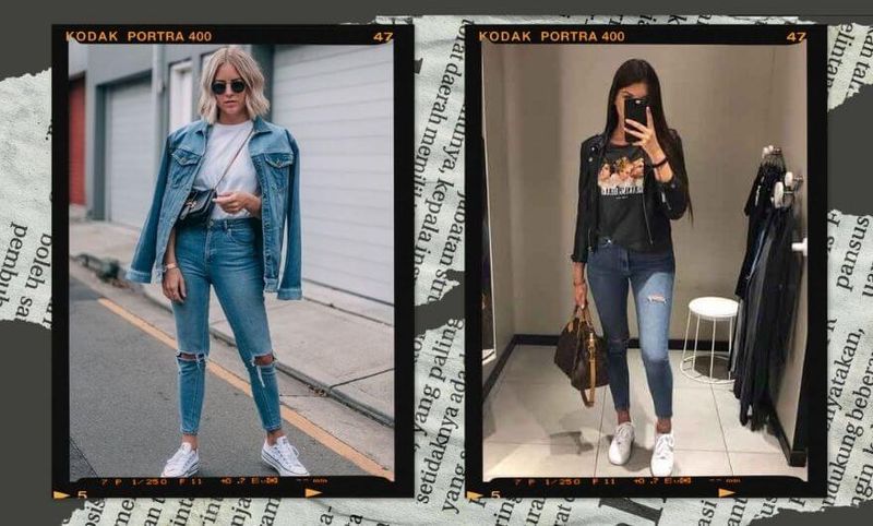 duas fotos lado a lado de duas mulheres usando t shirt basica, jeans e casaco