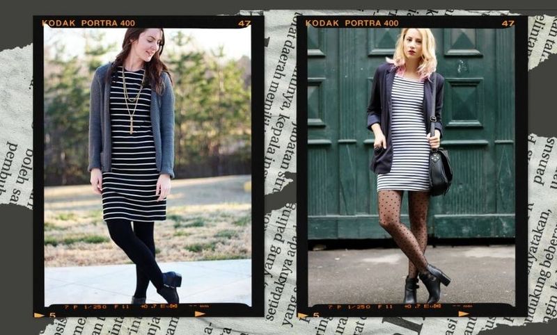 duas fotos lado a lado de duas mulheres usando looks de inverno com vestido listrado, blusa e bota