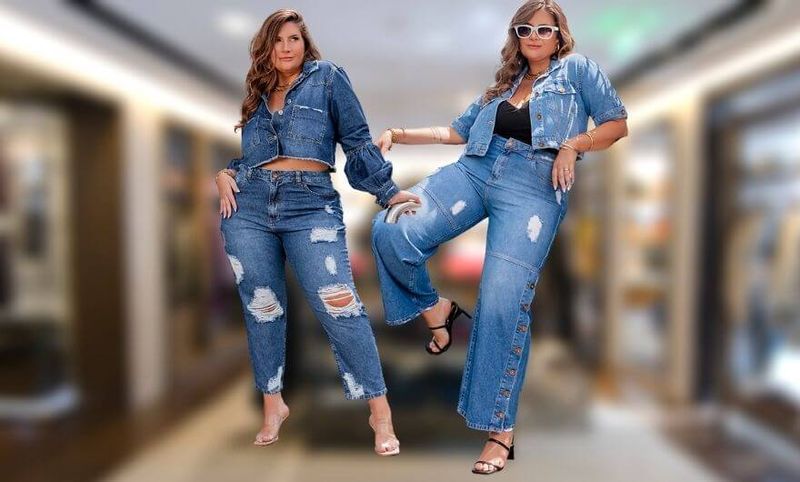 duas mulheres lado a lado usando roupas all jeans