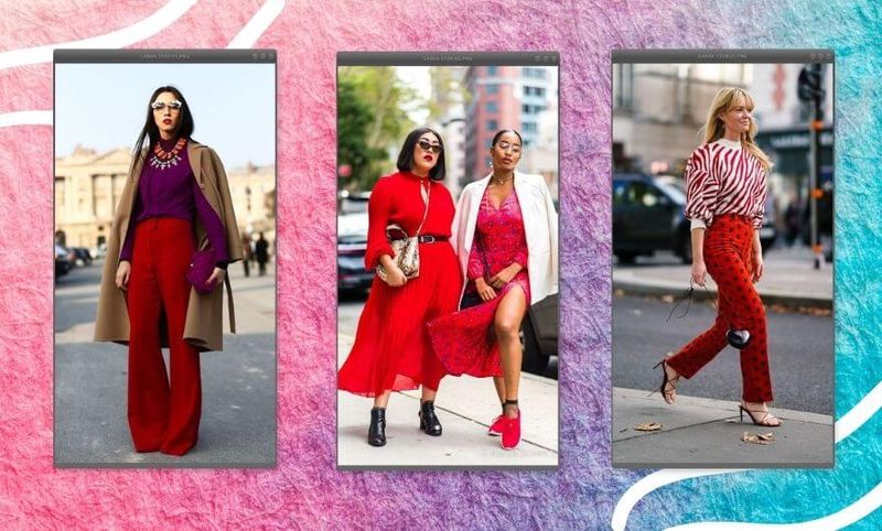 tres fotos lado a lado com tres mulheres usando looks com roupa vermelha