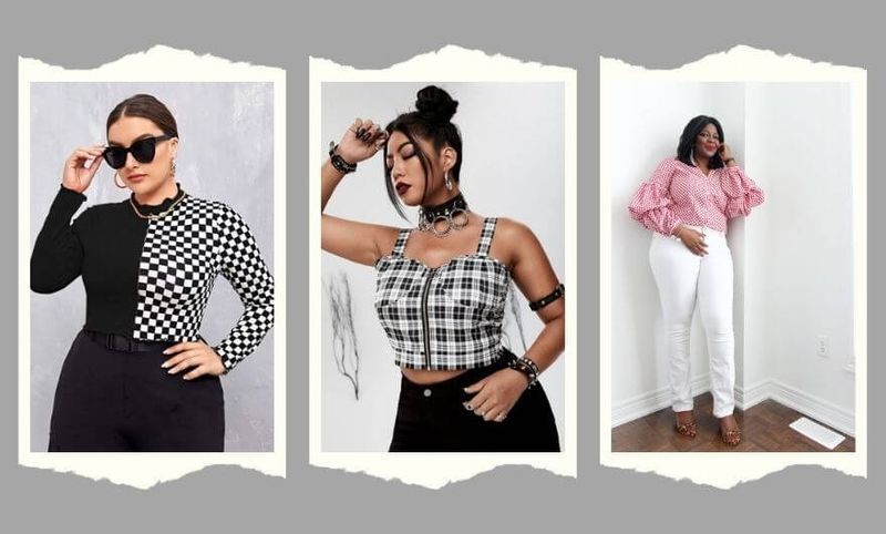 colagens de 3 fotos lado a lado de 3 mulheres usando looks com blusas xadrezes