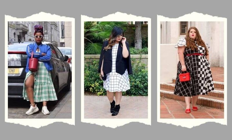 colagens de 3 fotos lado a lado de 3 mulheres usando vestidos com estampa xadrez